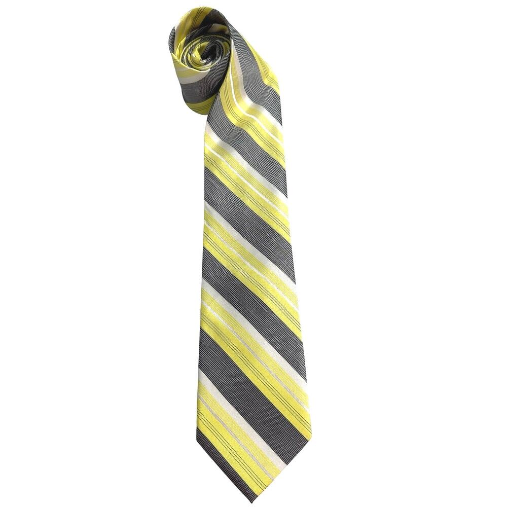 Calvin Klein Men’s 100% Silk Tie Yellow Gray White Striped Necktie